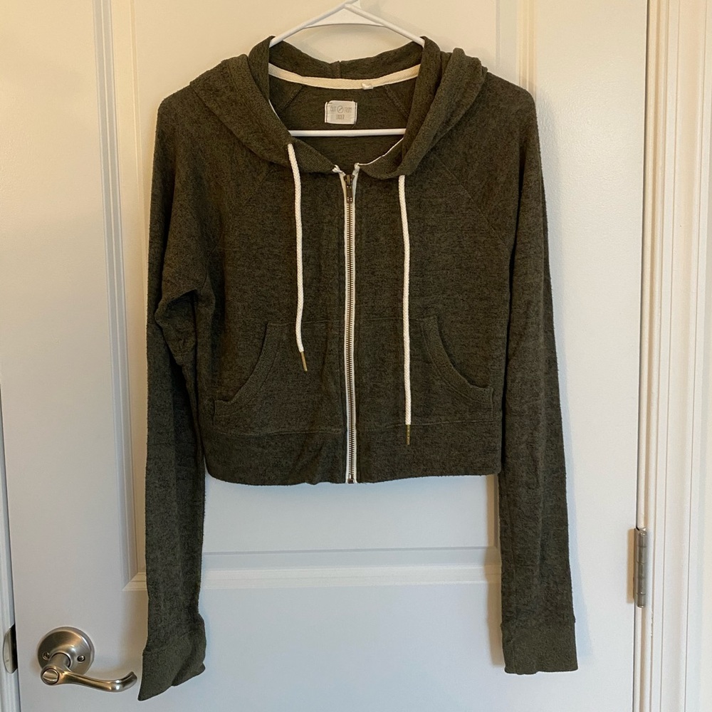 Garage Army Green Fleece Hoodie in Cropped Length